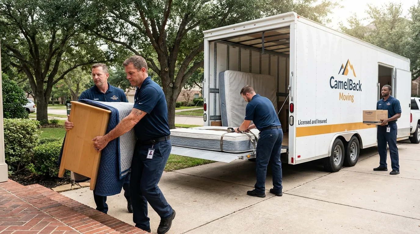 Crew loading residential truck for cross-state move from Corning, CA
