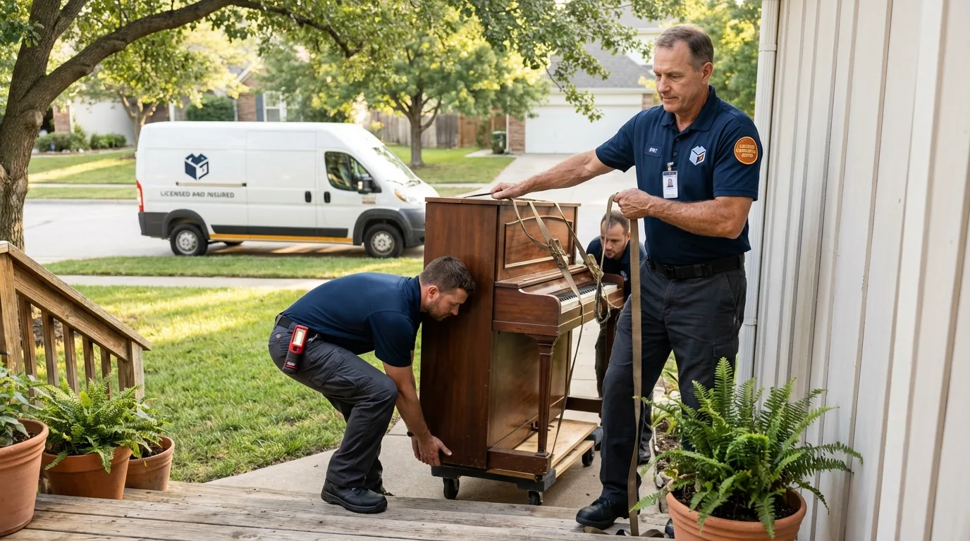 Licensed piano movers securing grand piano in Corning, CA