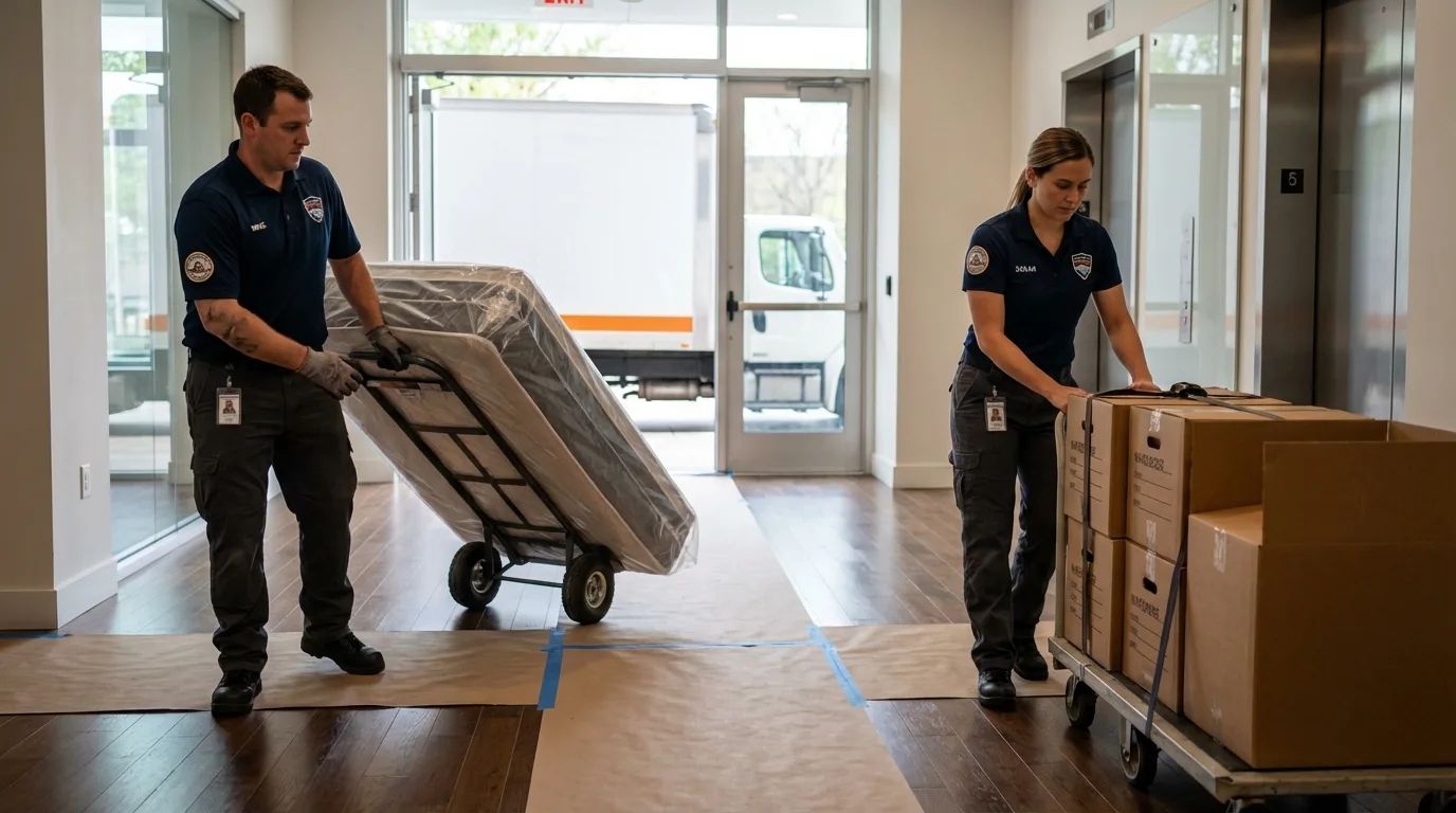 Professional apartment movers loading elevator in Corning, CA
