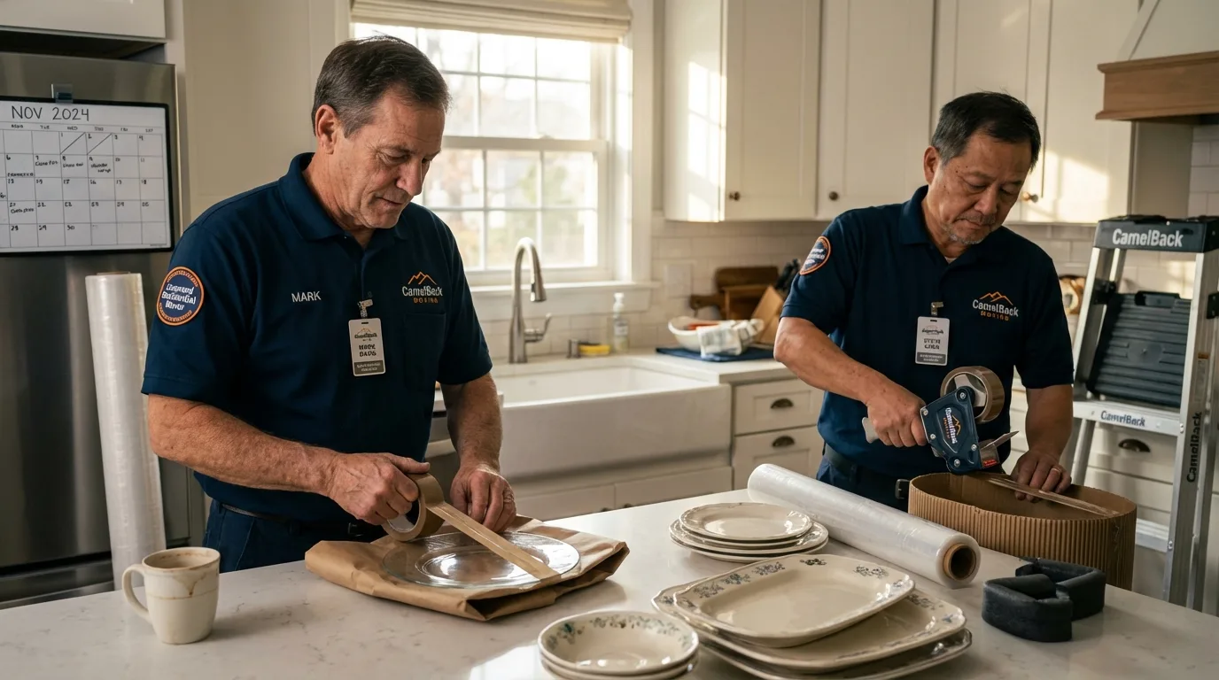 Professional crew packing kitchen dishware in Corning, CA